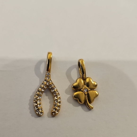 Good Luck Charms - Gold Clover and Crystal Wishbone Pendant Charms - Gold Plated - Picture 3 of 3
